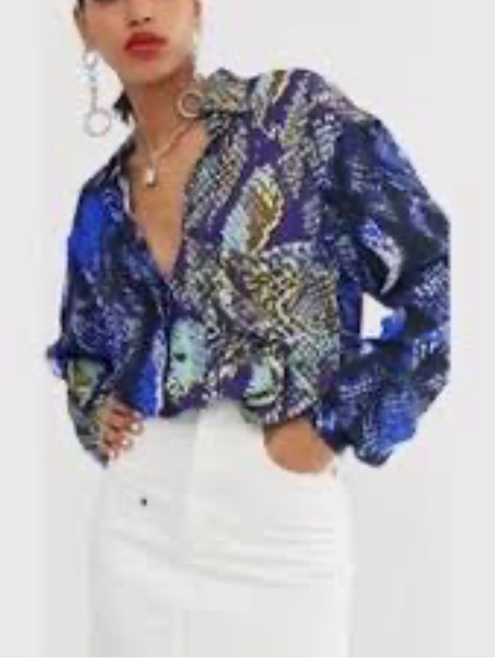 House of Holland Blue Printed Satin Button-Down Shirt